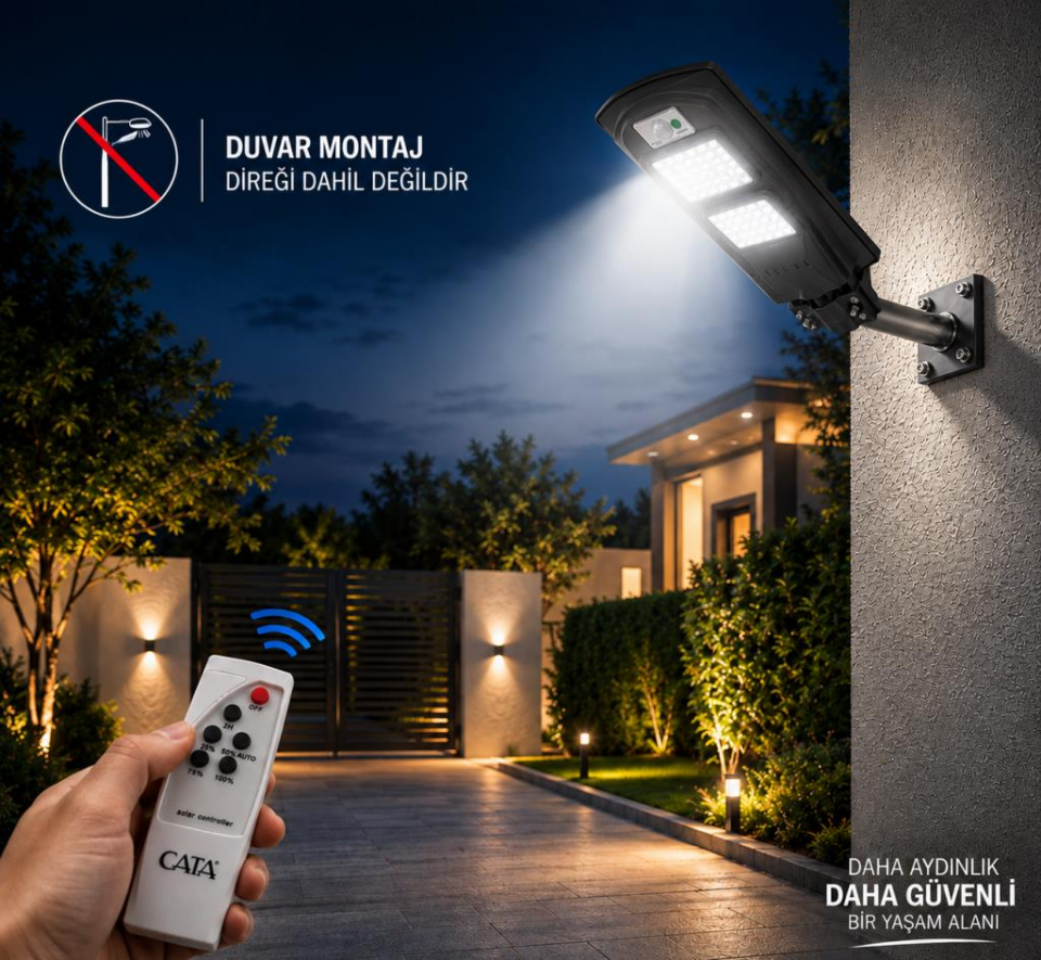 CATA CT-4691 120W İP65 GÜNEŞ ENERJİLİ SENSÖRLÜ VE KUMANDALI SOLAR SOKAK ARMATÜRÜ