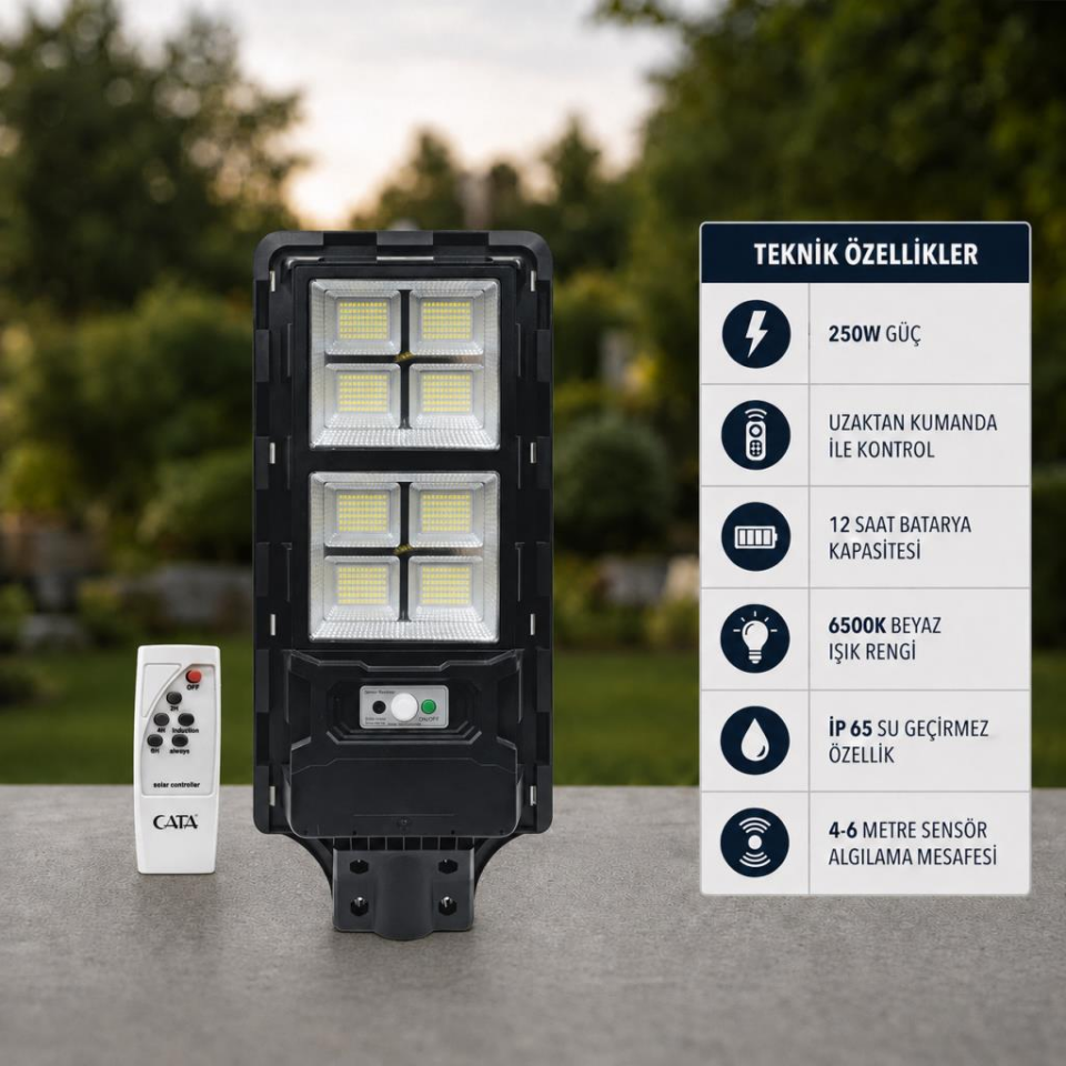 CATA CT-4641 250W İP65 GÜNEŞ ENERJİLİ SENSÖRLÜ VE KUMANDALI SOLAR SOKAK ARMATÜRÜ