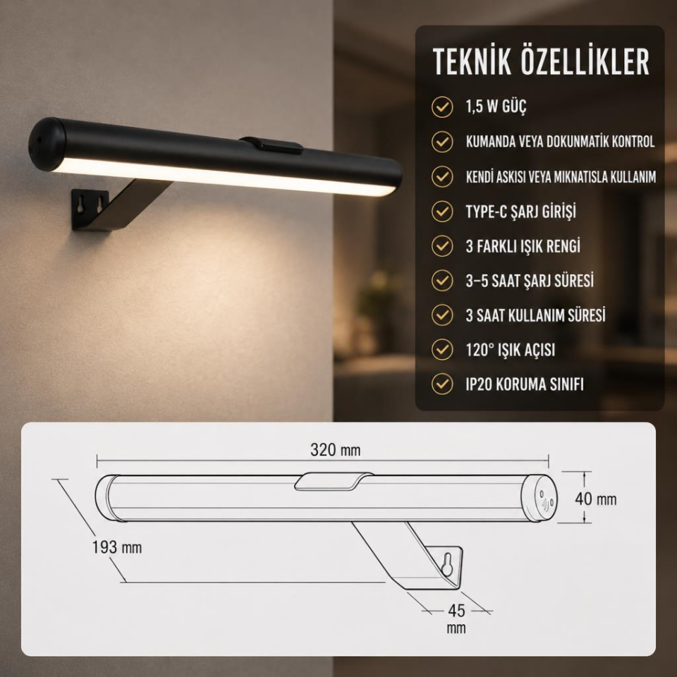 CATA CT-2465 Şahin Şarjlı LED Tablo ve Ayna Apliği – Kumandalı, Dokunmatik, Manyetik, 3 Renkli ve Dimlenebilir Modern Duvar Aydınlatması
