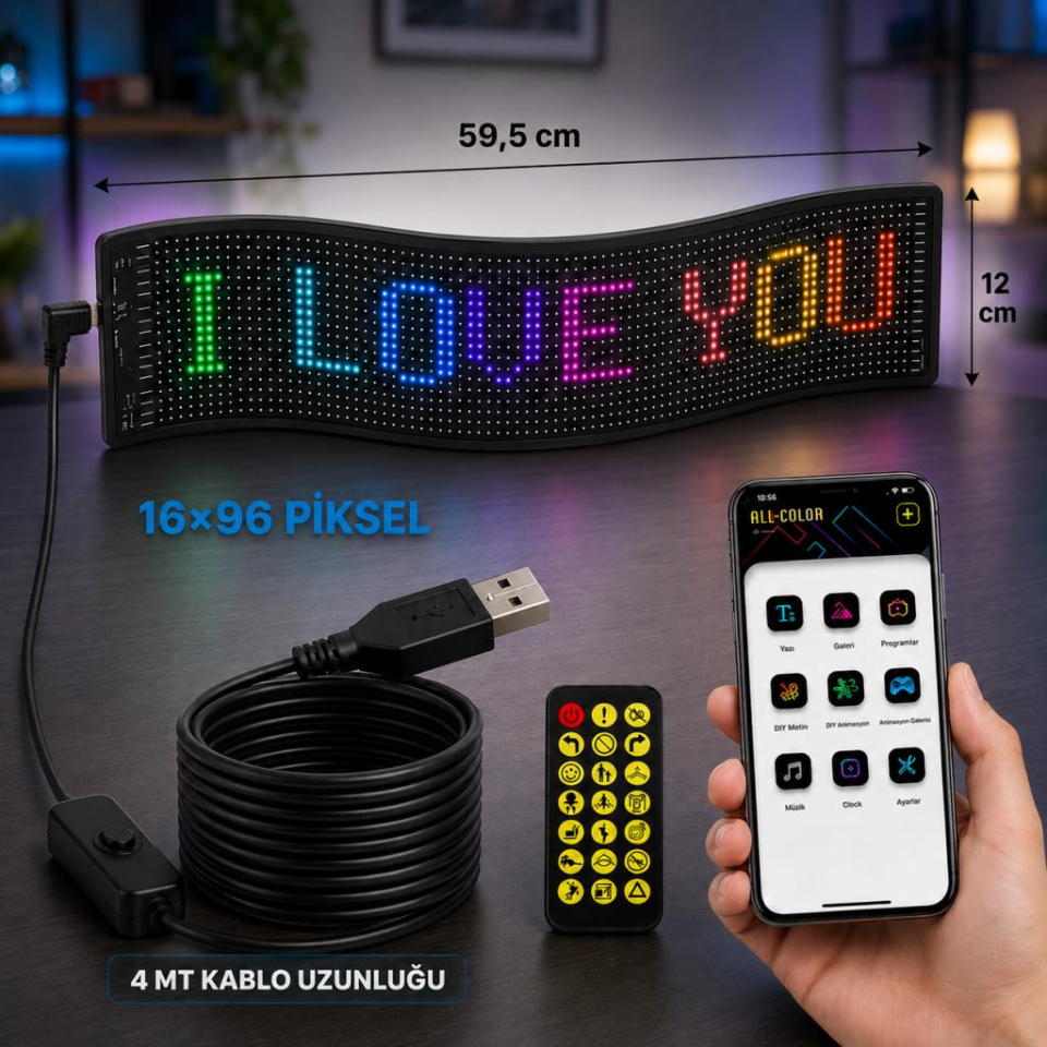 CATA CT-4568 Akıllı RGB LED Matrix Panel 59 cm – Bluetooth Uygulama ve Kumanda Kontrollü, Yazı ve Emoji Göstergesi