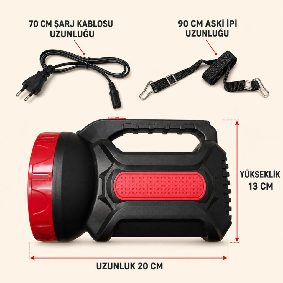CATA CT-9952 Şarjlı El Feneri 3W – 2 Kademeli Güçlü Işık, 8-9 Saat Kullanım, Askı İpli ve Şarj Kablolu Kamp ve Balıkçı Feneri