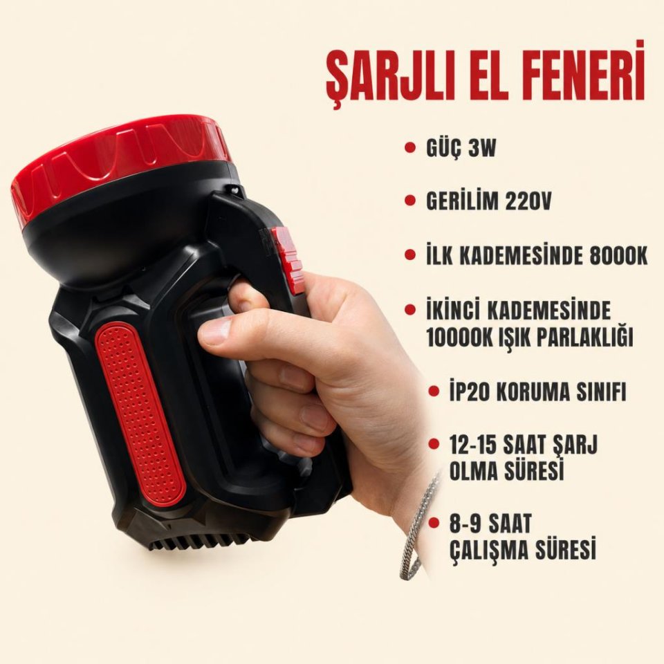 CATA CT-9952 Şarjlı El Feneri 3W – 2 Kademeli Güçlü Işık, 8-9 Saat Kullanım, Askı İpli ve Şarj Kablolu Kamp ve Balıkçı Feneri
