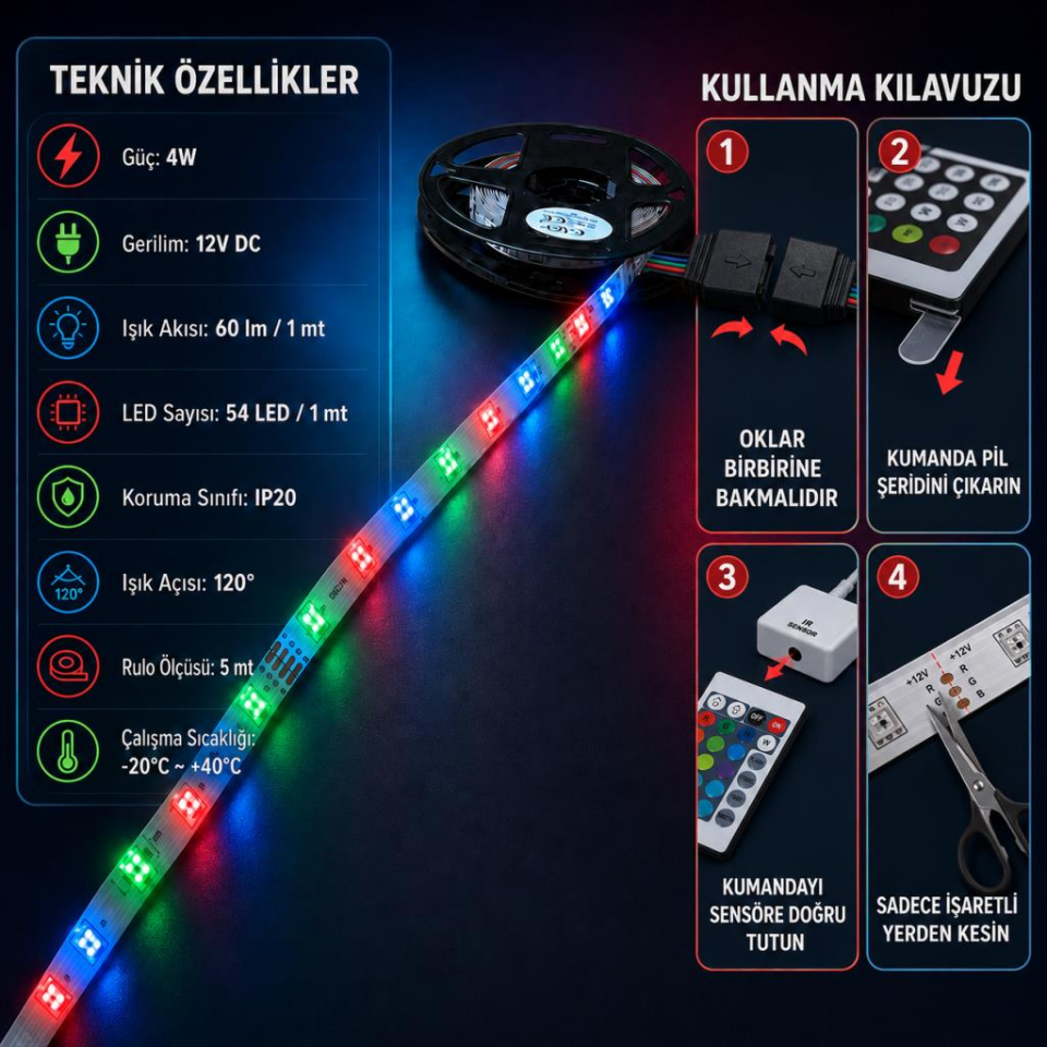 CATA CT-4557 5 Metre RGB Şerit LED Seti – Kumandalı, Adaptörlü, 12V, 4W, 16 Renk ve Işık Modlu Dekoratif Aydınlatma