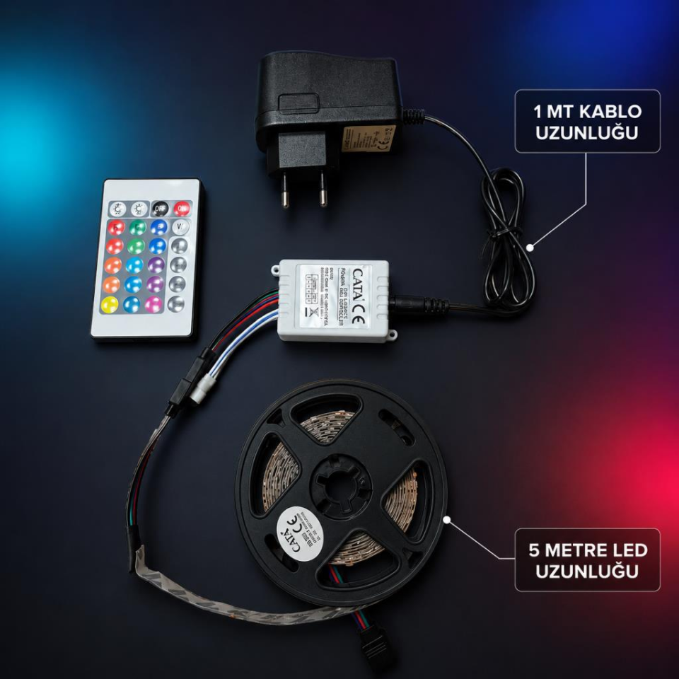 CATA CT-4557 5 Metre RGB Şerit LED Seti – Kumandalı, Adaptörlü, 12V, 4W, 16 Renk ve Işık Modlu Dekoratif Aydınlatma