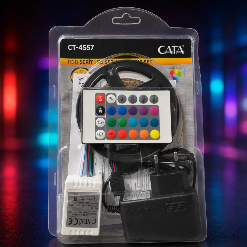 CATA CT-4557 5 Metre RGB Şerit LED Seti – Kumandalı, Adaptörlü, 12V, 4W, 16 Renk ve Işık Modlu Dekoratif Aydınlatma