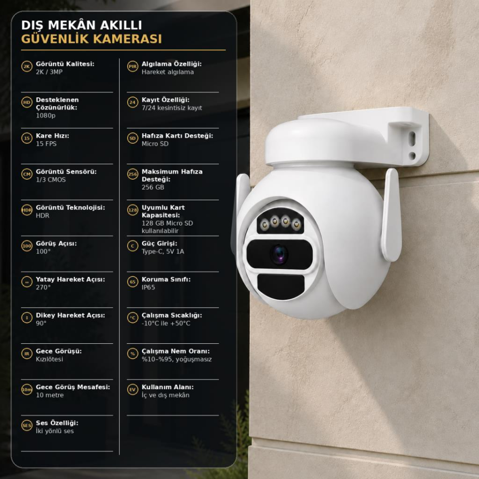 CATA CT-4051 Akıllı Dış Mekân Güvenlik Kamerası – Full HD 1080P, Wi-Fi, Gece Görüşü, Hareket Takibi, Çift Yönlü Ses, 360° Dönebilen, IP65