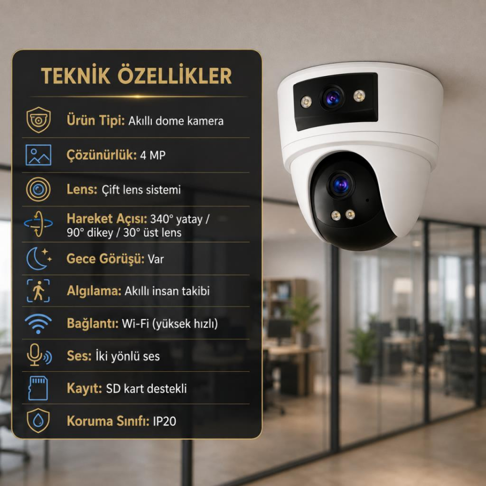 CATA CT-4054 4MP Çift Lensli Akıllı Dome Güvenlik Kamerası – Wi-Fi, Gece Görüşü, İnsan Takibi, Çift Yönlü Ses ve Mobil Uygulama Kontrolü