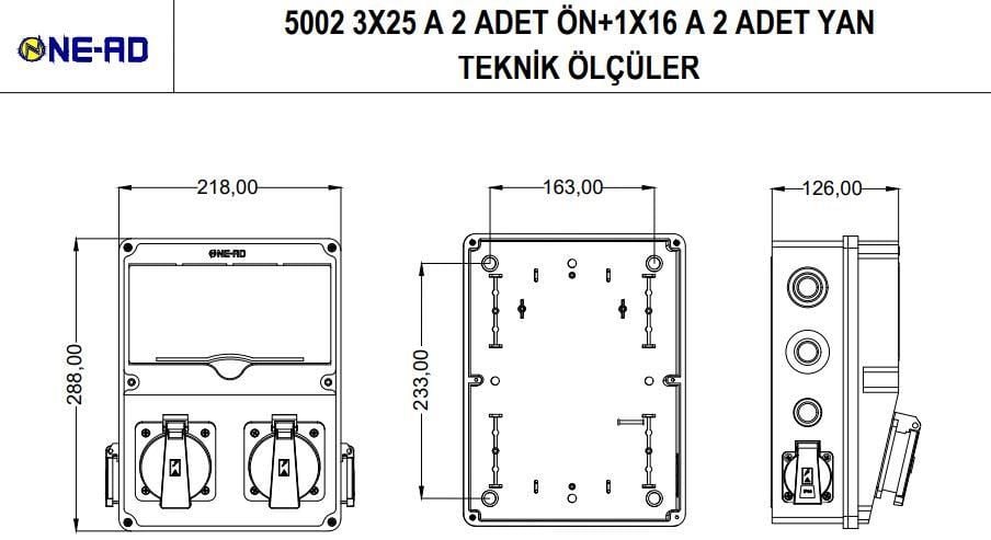 Ne-ad Kombinasyon Kutusu 5002 | 2x Trifaze 25A + 2x Monofaze 16A Prizli Endüstriyel Priz Kutusu | Kompakt ve Darbeye Dayanıklı Yerli Üretim Enerji Paneli