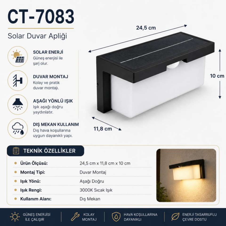CATA CT-7083 Barbaros Solar LED Duvar Apliği 3000K Sıcak Işık Sensörlü Dış Mekan Bahçe Aydınlatma