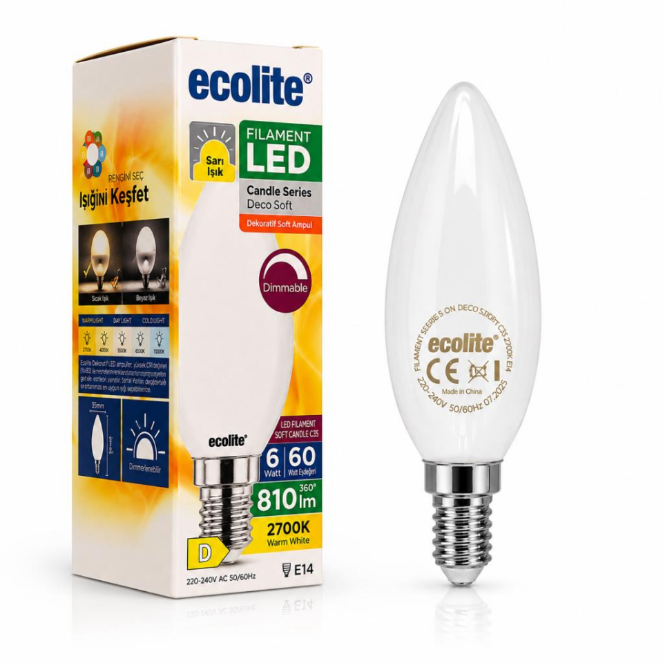 Ecolite 6W E14 Filament LED Mum Ampul 2700K Sarı Işık 810 Lümen Dim Edilebilir