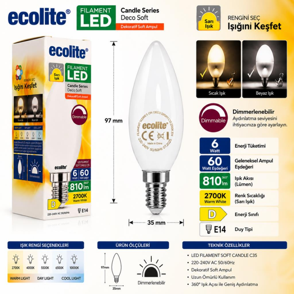 Ecolite 6W E14 Filament LED Mum Ampul 2700K Sarı Işık 810 Lümen Dim Edilebilir