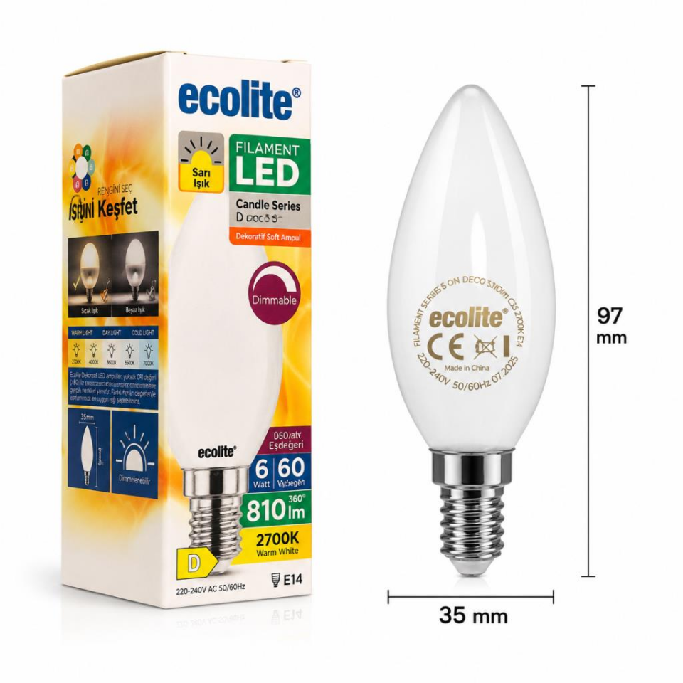 Ecolite 6W E14 Filament LED Mum Ampul 2700K Sarı Işık 810 Lümen Dim Edilebilir