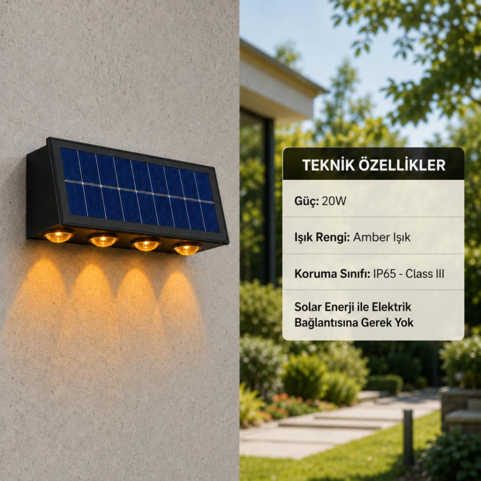 Cata CT-8010 20W Solar LED Duvar Apliği Amber Işık IP65 Çift Yönlü Dış Mekân Aydınlatma