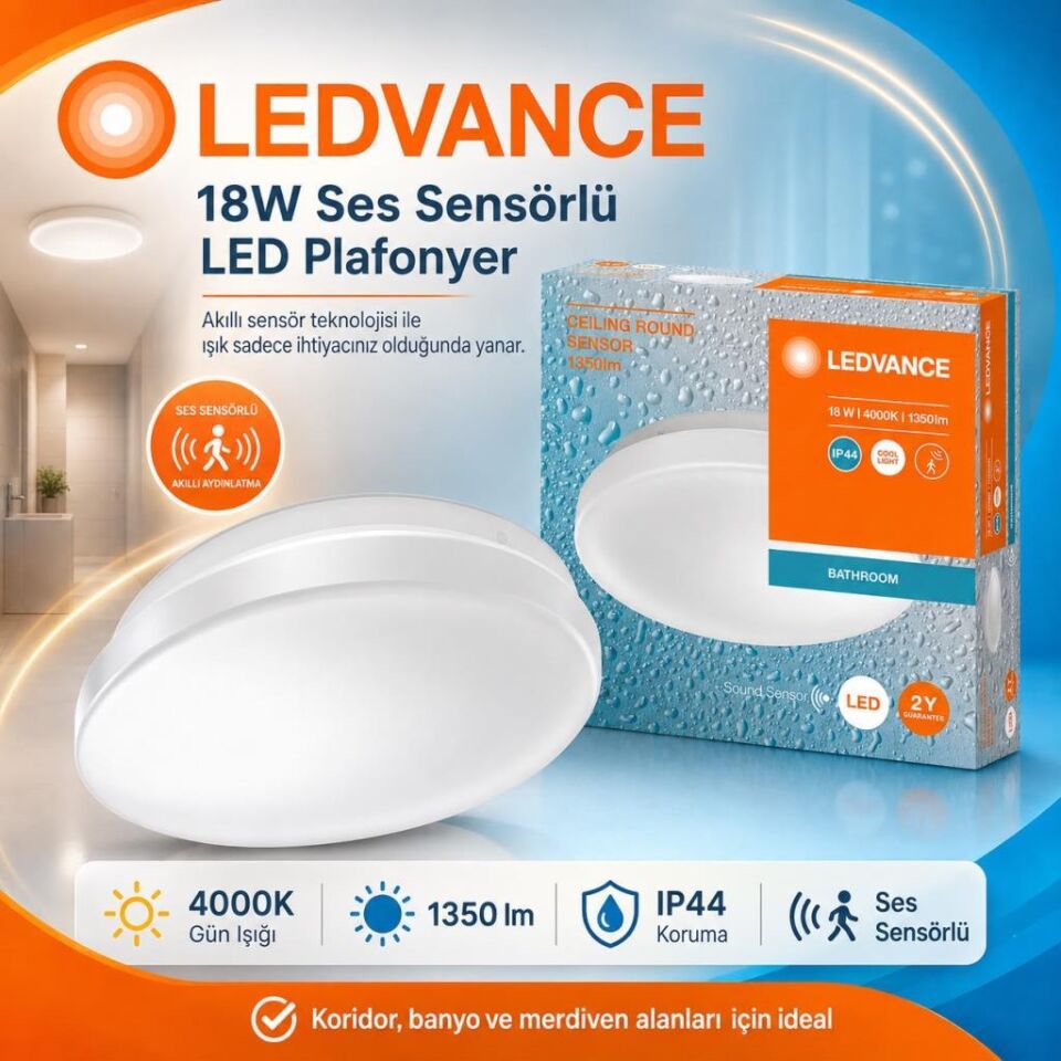Ledvance 18W Ses Sensörlü LED Plafonyer 4000K Gün Işığı 25,5 cm IP44 Tavan Armatürü