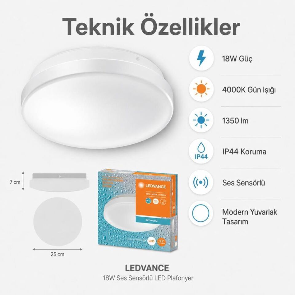 Ledvance 18W Ses Sensörlü LED Plafonyer 4000K Gün Işığı 25,5 cm IP44 Tavan Armatürü