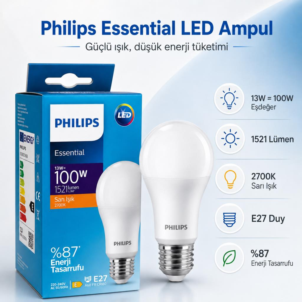 Philips Essential 13W LED Ampul E27 2700K Sarı Işık 1521 Lümen 100W Eşdeğer