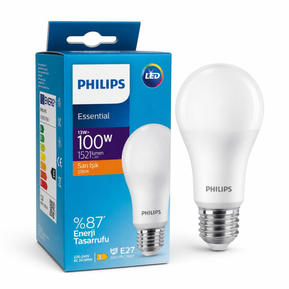 Philips Essential 13W LED Ampul E27 2700K Sarı Işık 1521 Lümen 100W Eşdeğer