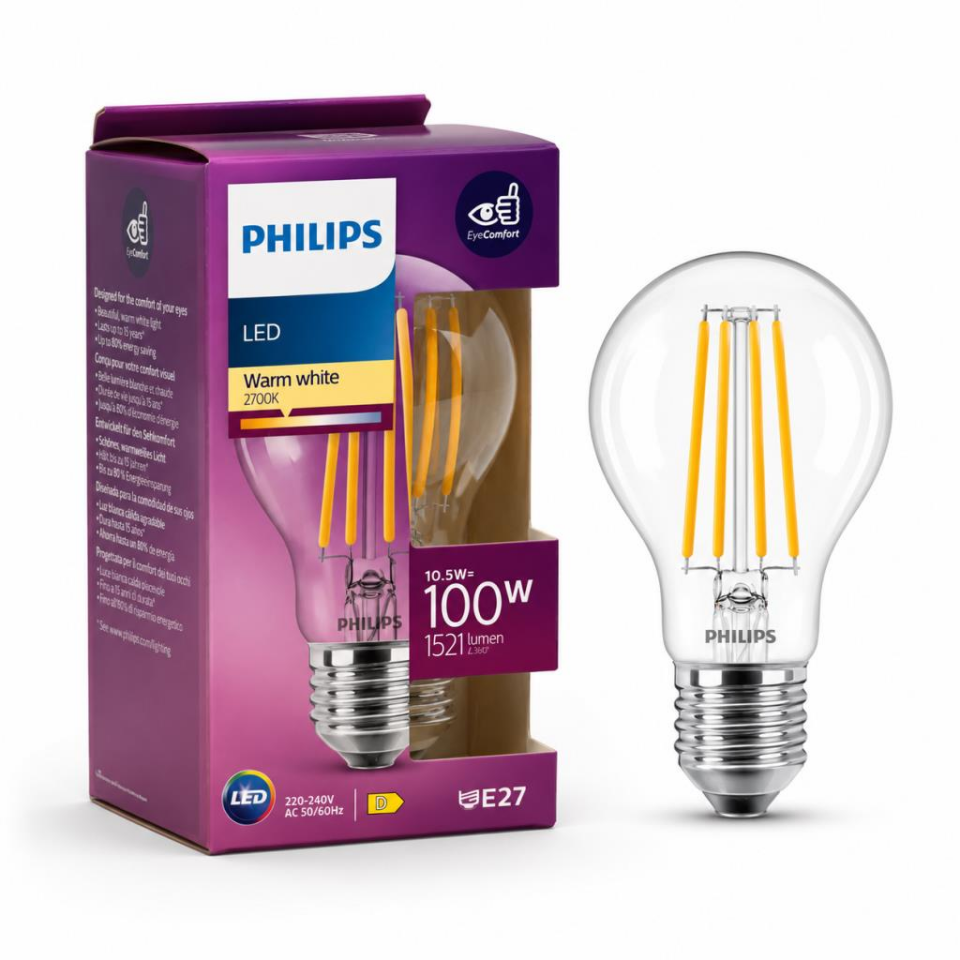 Philips 10,5W E27 LED Filament Ampul 2700K Sarı Işık 1521 Lümen 100W Eşdeğer