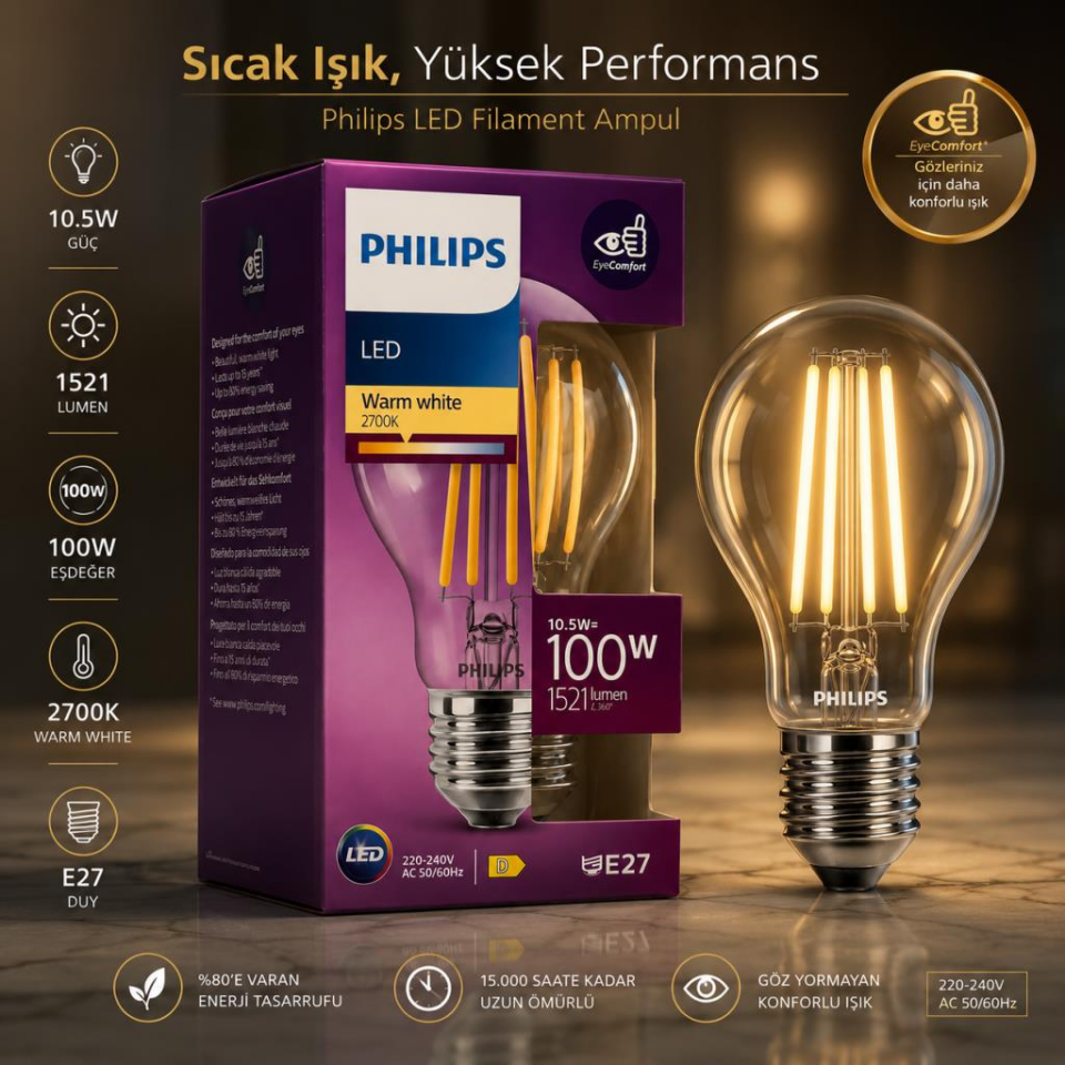 Philips 10,5W E27 LED Filament Ampul 2700K Sarı Işık 1521 Lümen 100W Eşdeğer