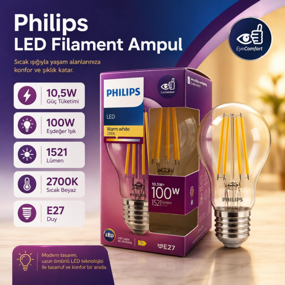 Philips 10,5W E27 LED Filament Ampul 2700K Sarı Işık 1521 Lümen 100W Eşdeğer