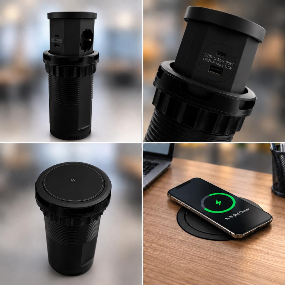 Siyah Pop Up Gömme Masa Prizi USB’li ve Kablosuz Şarjlı Masaüstü Ofis Prizi