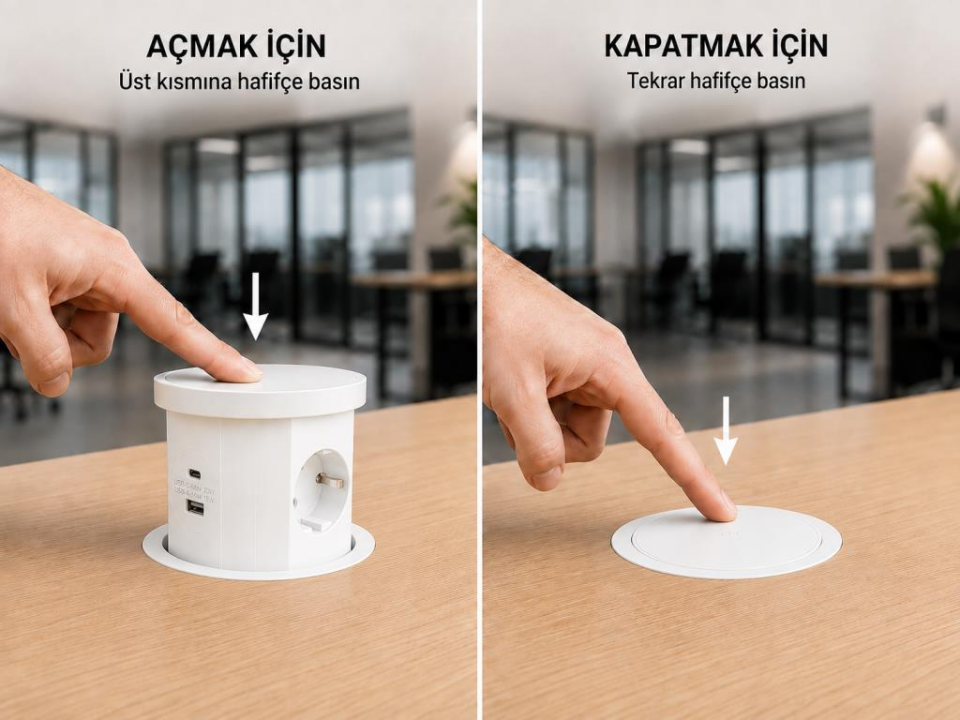 Beyaz Pop Up Gömme Masa Prizi USB’li ve Kablosuz Şarjlı Masaüstü Ofis Prizi