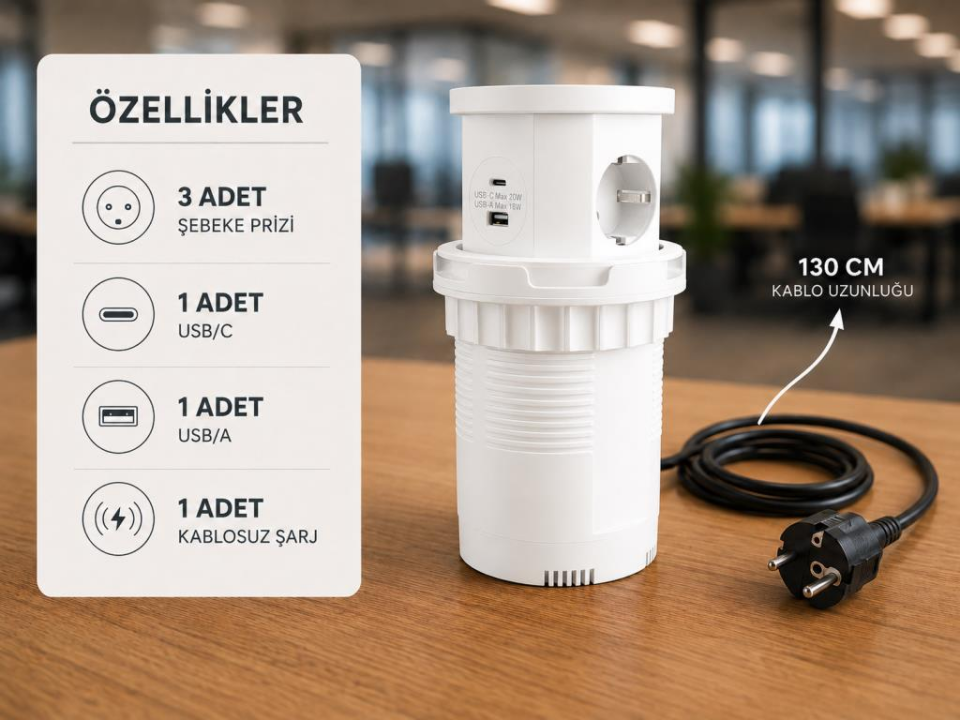 Beyaz Pop Up Gömme Masa Prizi USB’li ve Kablosuz Şarjlı Masaüstü Ofis Prizi