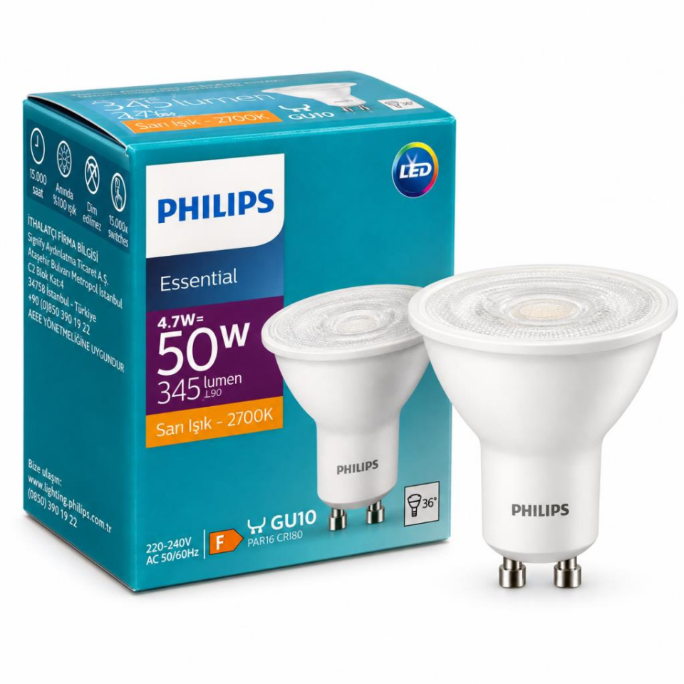 Philips Essential GU10 LED Spot Ampul 4,7W 345 Lümen 2700K Sarı Işık 36° – 50W Eşdeğer