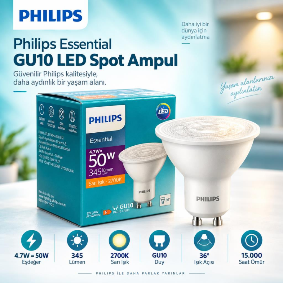 Philips Essential GU10 LED Spot Ampul 4,7W 345 Lümen 2700K Sarı Işık 36° – 50W Eşdeğer