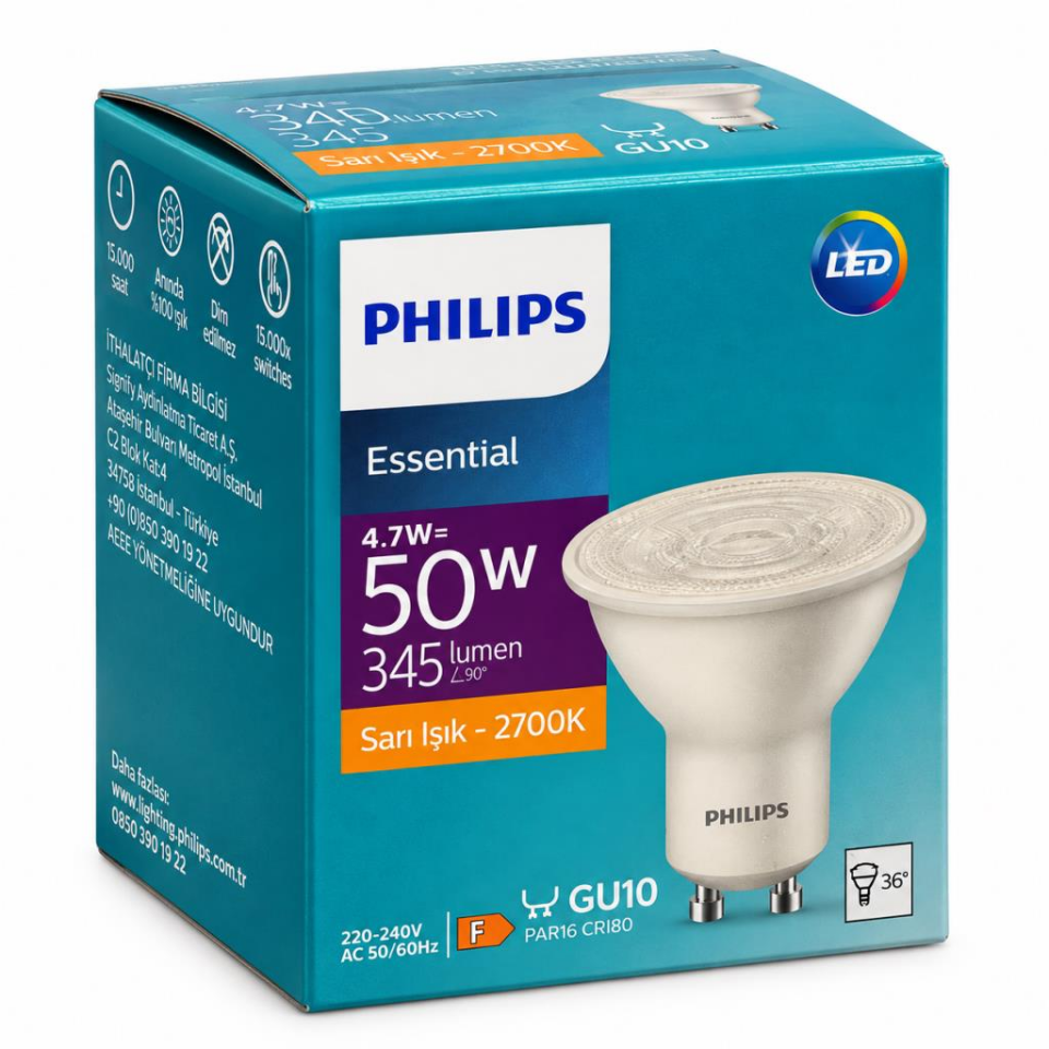 Philips Essential GU10 LED Spot Ampul 4,7W 345 Lümen 2700K Sarı Işık 36° – 50W Eşdeğer
