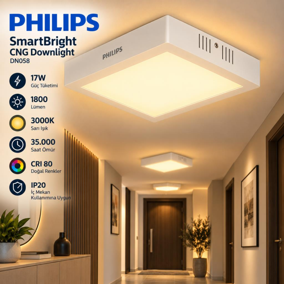 Philips SmartBright DN058 17W Kare Sıva Üstü LED Panel 3000K Sarı Işık 1800 Lümen