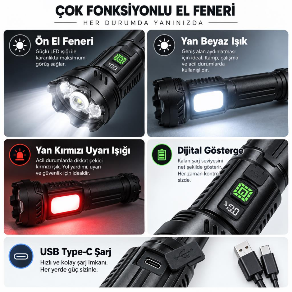 Çok Fonksiyonlu Şarjlı El Feneri – 3W 160 Lümen, 6400K Beyaz Işık, Dijital Batarya Göstergesi, Yan LED Işık, Type-C Şarj