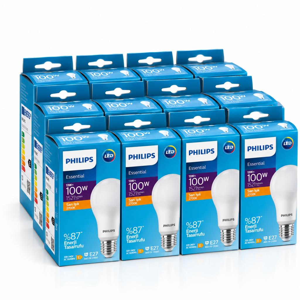 Philips Essential 13W E27 LED Ampul 12 Adet – 2700K Sarı Işık, 1521 Lümen, 100W Eşdeğer