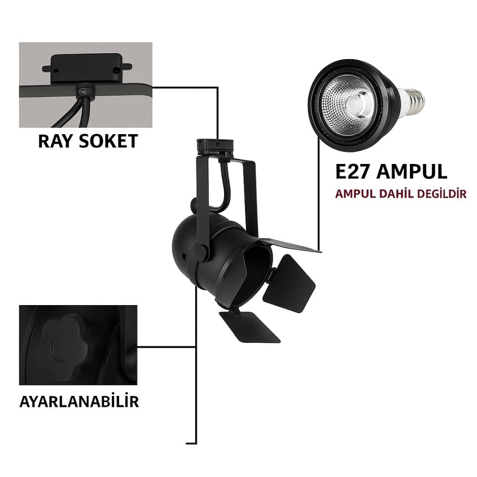 Par30 Siyah Kanatlı Ray Tipi Spot Armatür – E27 Duy, Ayarlanabilir Metal Gövde (Ampul Hariçtir)