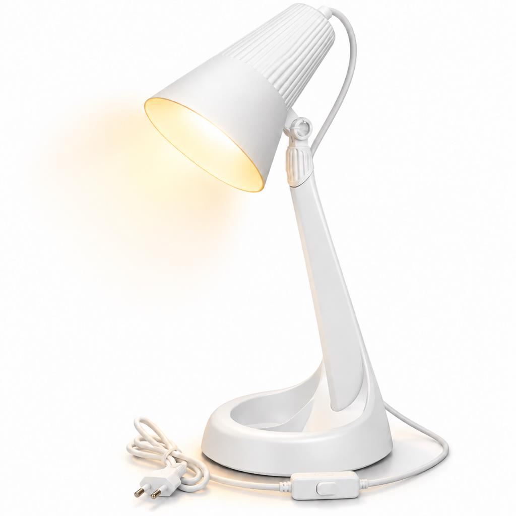 HareketLİ Başlıklı Beyaz Masa Lambası – E14 Duy, 3000K Sarı Işık LED Buji Ampul Hediyeli, 2 Metre Kablolu, ABS Plastik Çalışma ve Ders Lambası