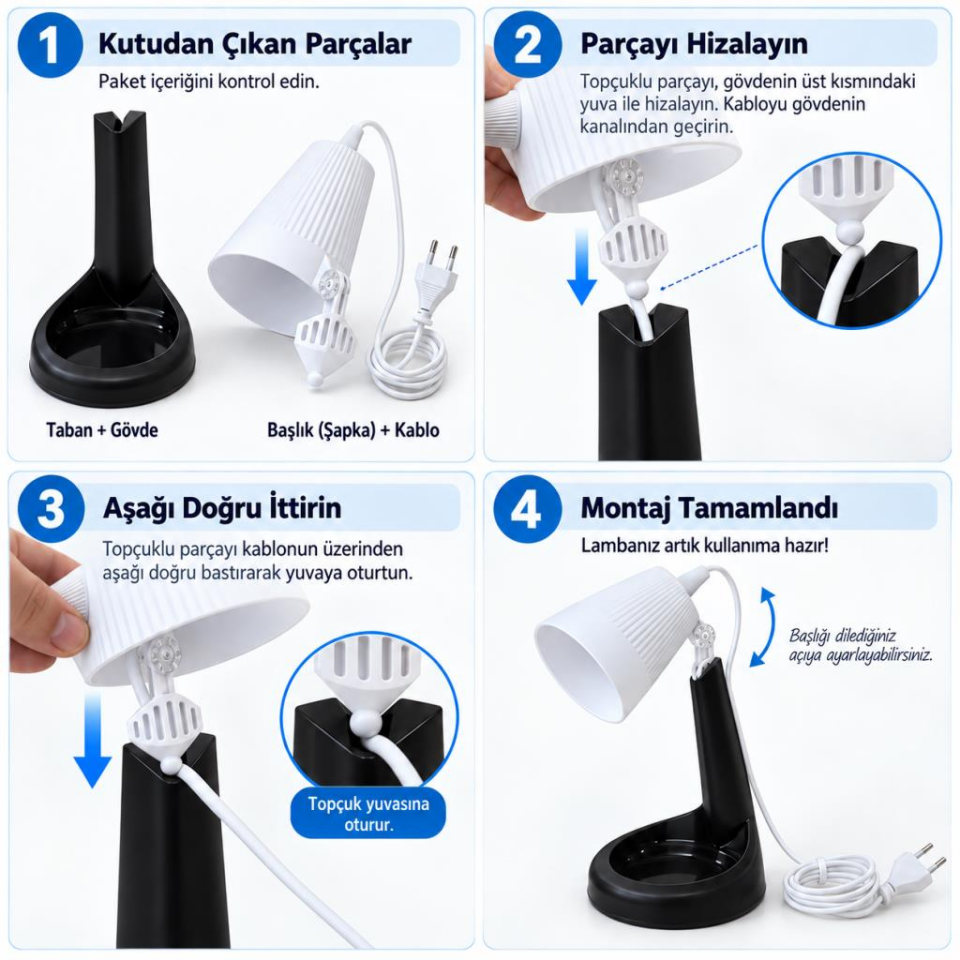 HareketLİ Başlıklı Beyaz Masa Lambası – E14 Duy, 3000K Sarı Işık LED Buji Ampul Hediyeli, 2 Metre Kablolu, ABS Plastik Çalışma ve Ders Lambası