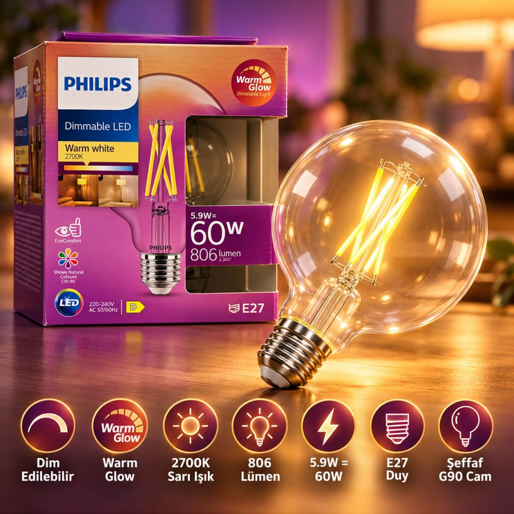 Philips Warm Glow G93 LED Filament Ampul 5,9W 60W Eşdeğer 806 Lümen 2700K Sarı Işık E27 Dim Edilebilir Şeffaf Cam