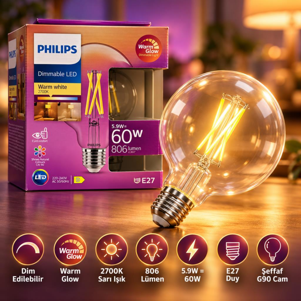 Philips Warm Glow G93 LED Filament Ampul 5,9W 60W Eşdeğer 806 Lümen 2700K Sarı Işık E27 Dim Edilebilir Şeffaf Cam