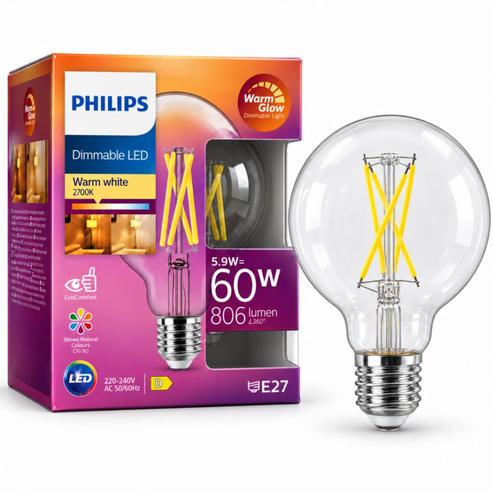 Philips Warm Glow G93 LED Filament Ampul 5,9W 60W Eşdeğer 806 Lümen 2700K Sarı Işık E27 Dim Edilebilir Şeffaf Cam