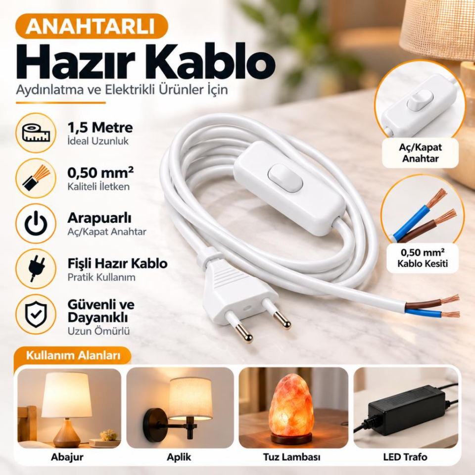 Örgün 1,5 Metre Beyaz Anahtarlı Fişli Hazır Kablo 0,50 mm² – Abajur, Aplik, Tuz Lambası ve LED Trafo İçin