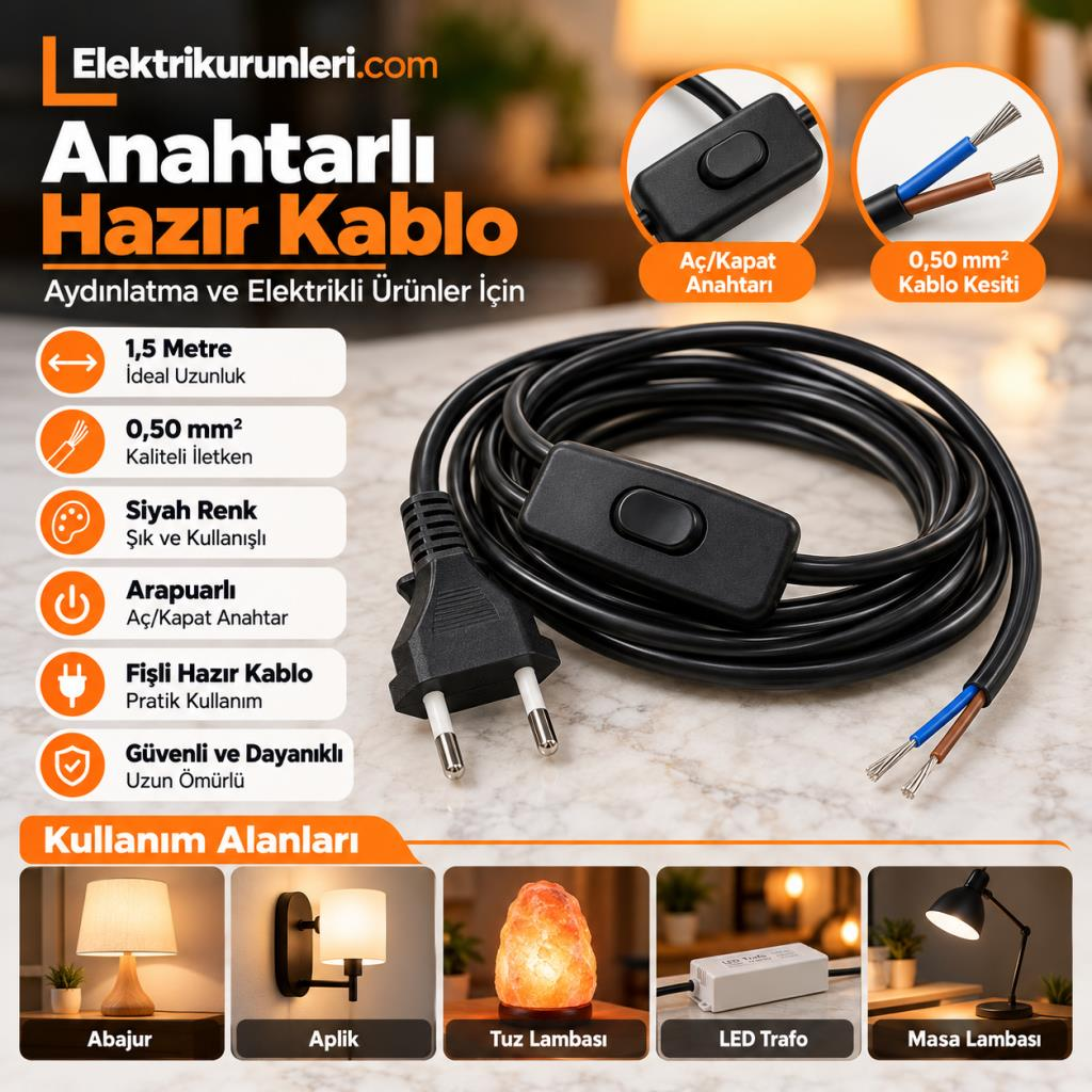 Örgün 1,5 Metre Siyah Anahtarlı Fişli Hazır Kablo 0,50 mm² – Abajur, Aplik, Tuz Lambası ve LED Trafo İçin