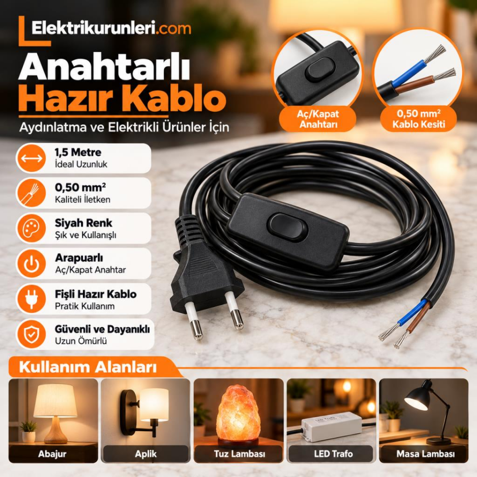Örgün 1,5 Metre Siyah Anahtarlı Fişli Hazır Kablo 0,50 mm² – Abajur, Aplik, Tuz Lambası ve LED Trafo İçin