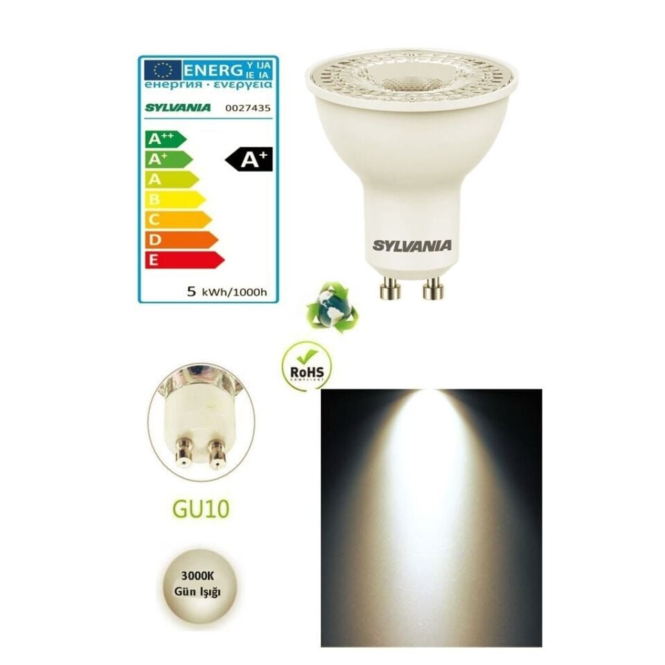 Sylvania 4,2W=50W GU10 Led Ampul 6 Adet Beyaz-GünIşığı Çanak Spot Günışığı (3000K)