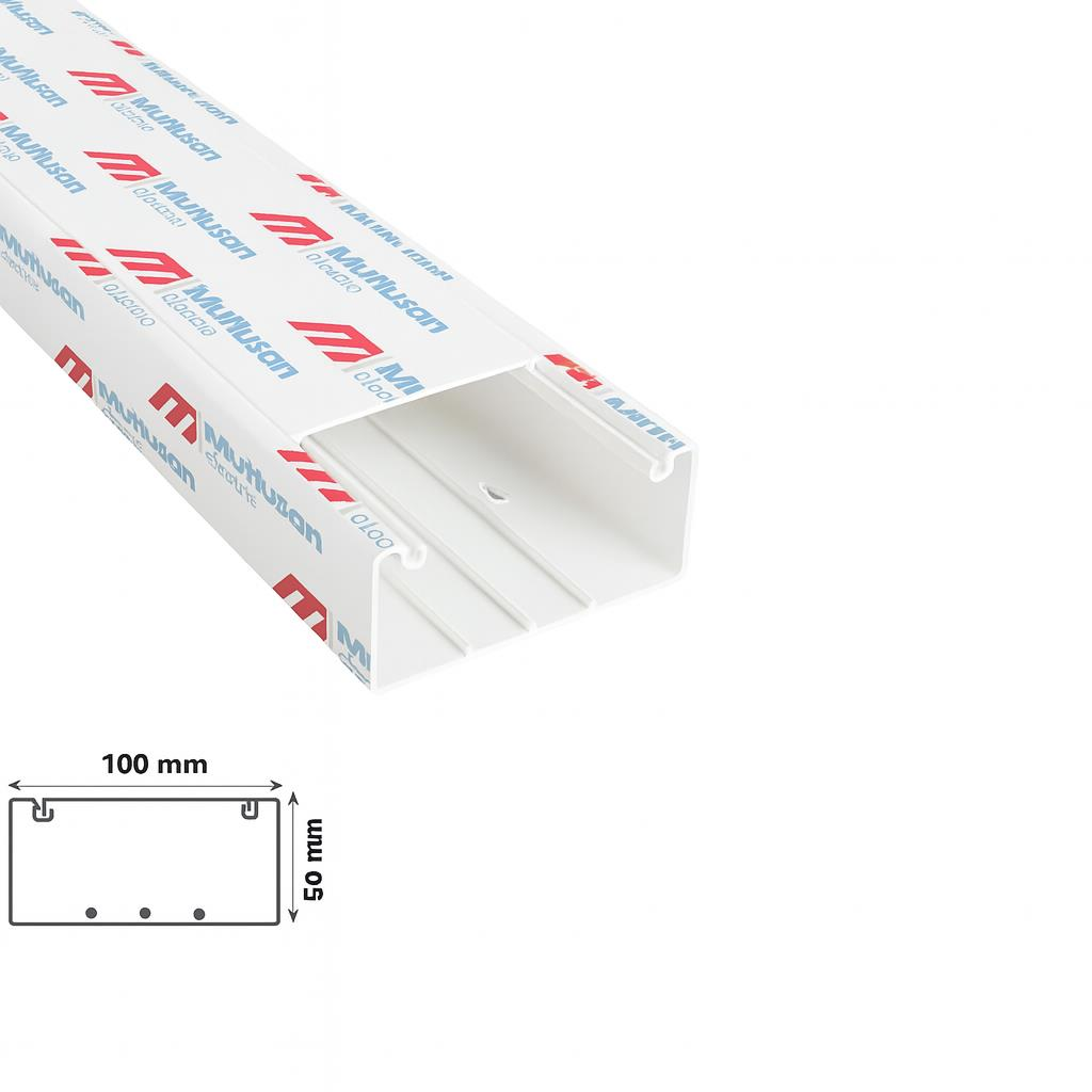 Mutlusan 100x50 mm İçten Kapaklı Kablo Kanalı – 2 Metre | Folyolu PVC Priz Seti Uyumlu Kanal – Ürün Kodu: 0010141000502000