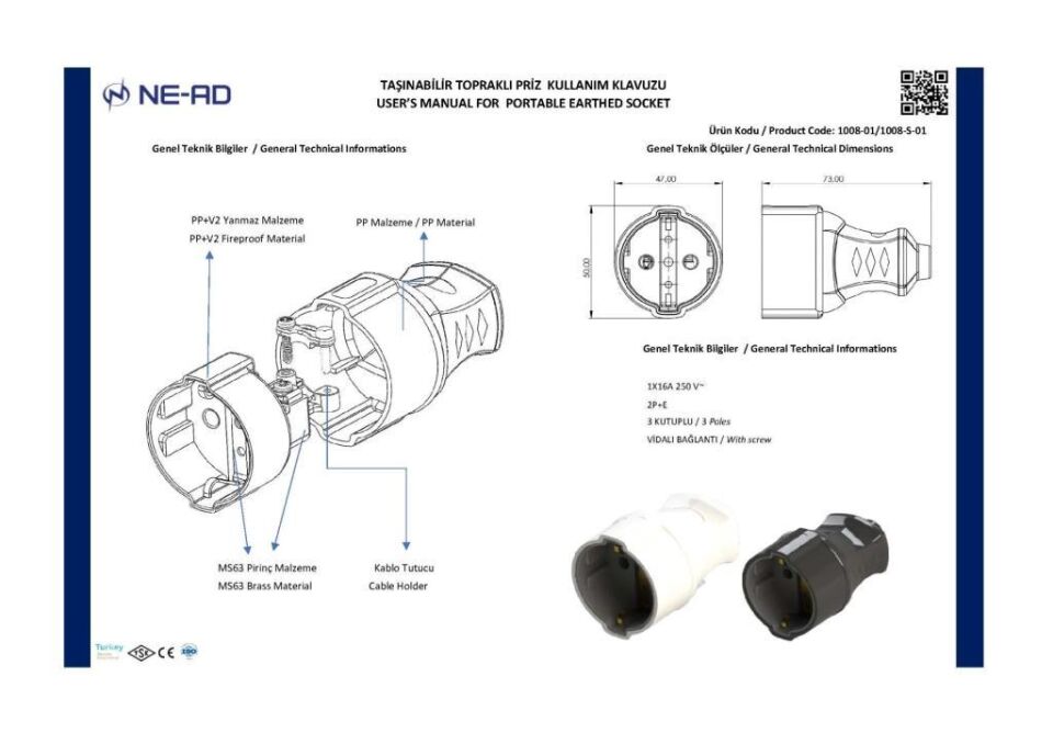 Ne-Ad Seyyar Topraklı Dişi Fiş 1008