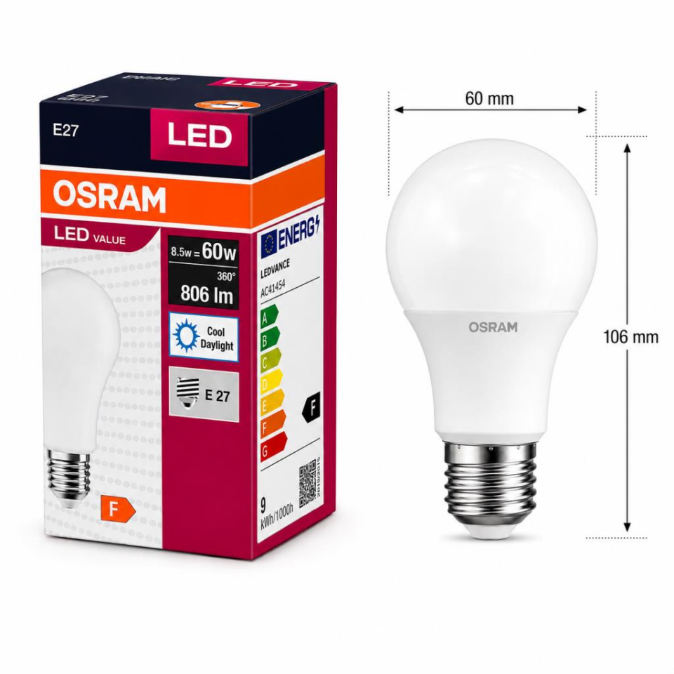 Osram LEDValue E27 LED Ampul 8,5W 6500K Beyaz Işık 806 Lümen 10'lu Paket