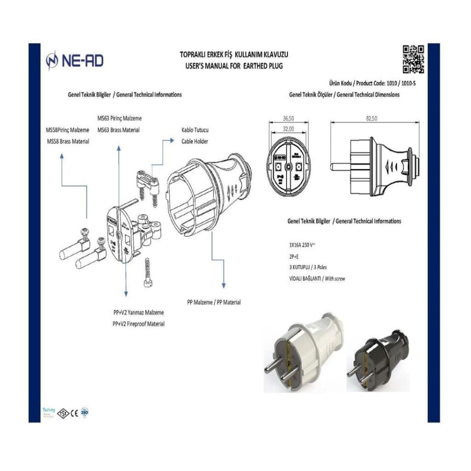 Ne-Ad Topraklı Erkek Fiş Düz Tip 1010