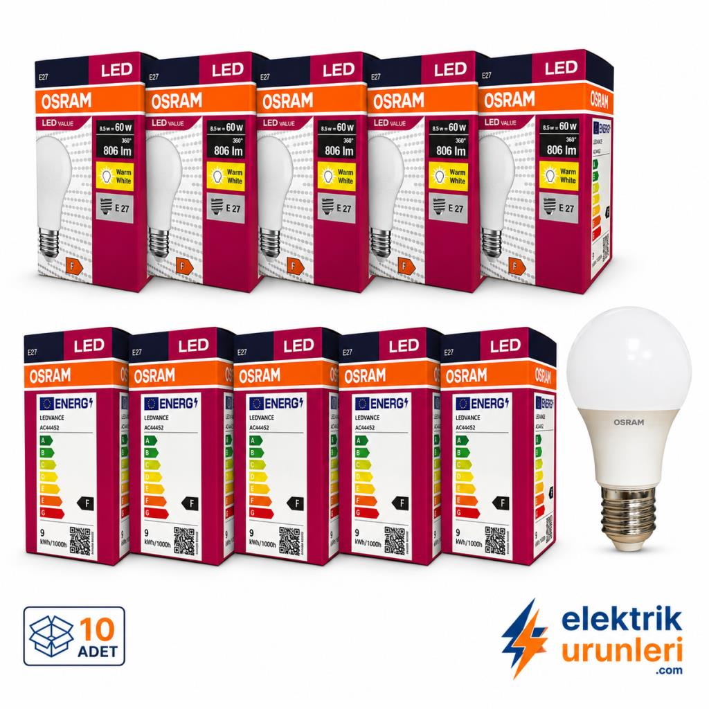 Osram LEDValue 8.5W LED Ampul 10’lu Paket E27 Duylu 806 Lümen 2700K Sarı Işık 60W Eşdeğer Tasarruflu LED Ampul