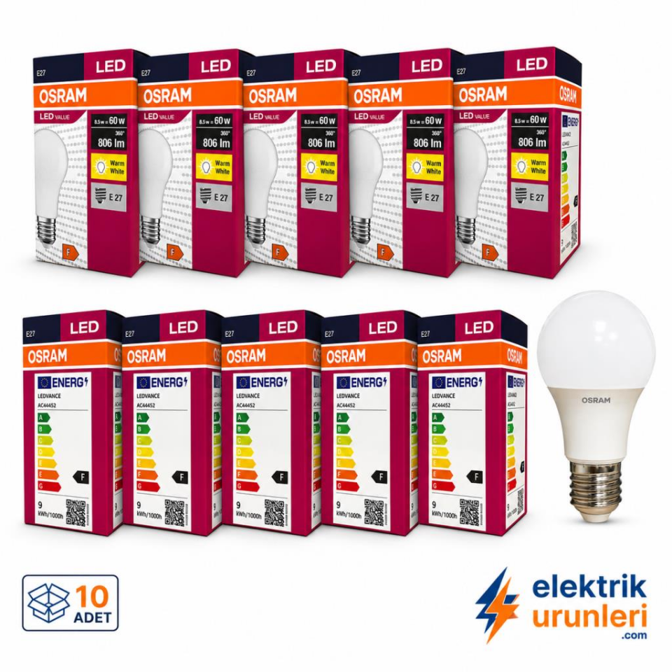 Osram LEDValue 8.5W LED Ampul 10’lu Paket E27 Duylu 806 Lümen 2700K Sarı Işık 60W Eşdeğer Tasarruflu LED Ampul