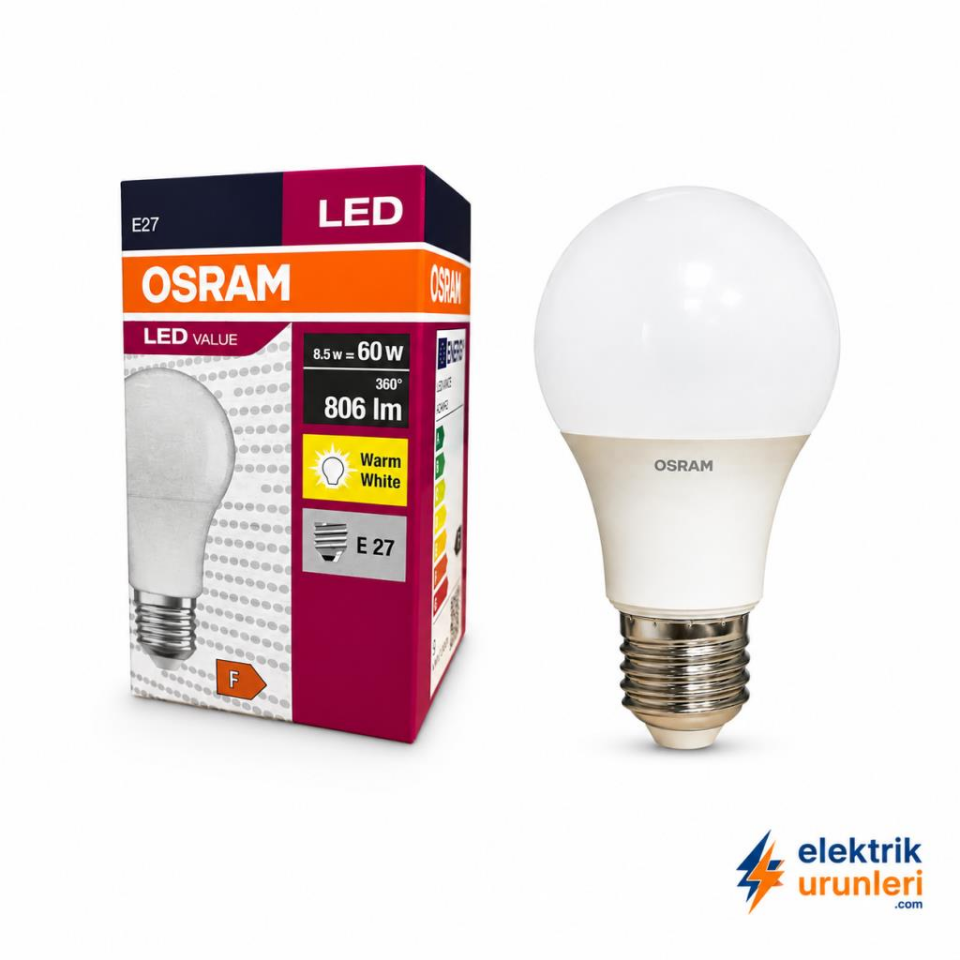 Osram LEDValue 8.5W LED Ampul E27 Duylu 806 Lümen 2700K Sarı Işık 60W Eşdeğer Tasarruflu LED Ampul